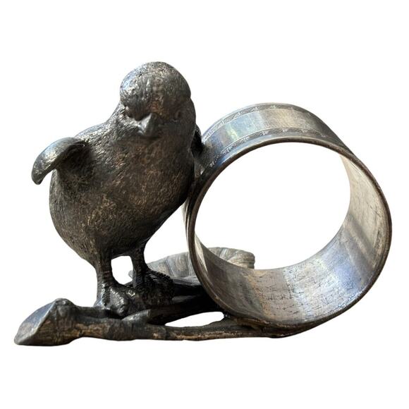 VICTORIAN FIGURAL BIRD BABY CHICK On Branch Leaf SILVERPLATE NAPKIN RING Antique - Picture 9 of 10